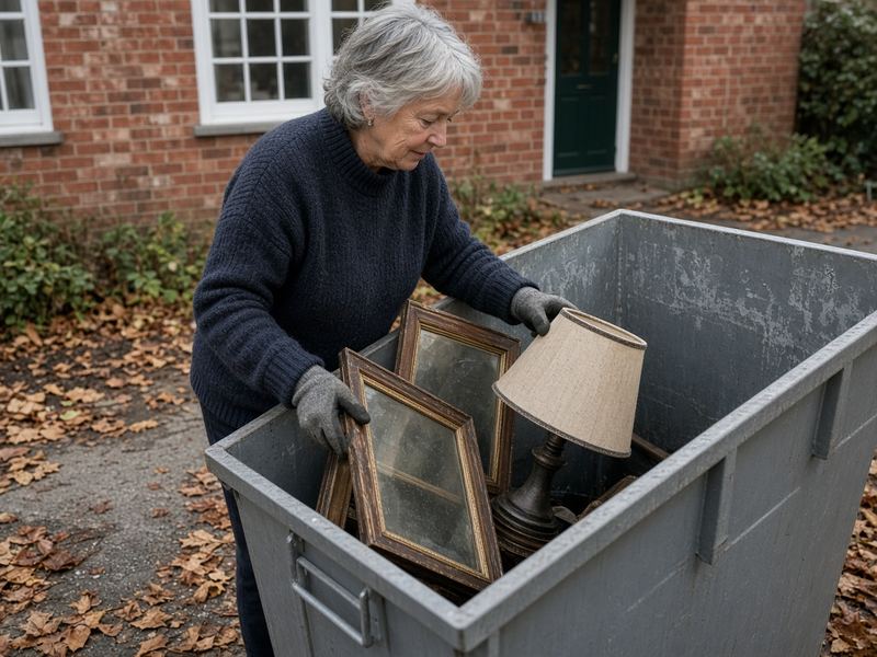 Older woman carrying picture frames to a grey skip bin